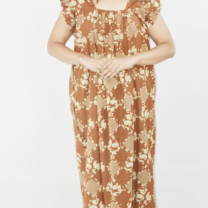 Brown Cotton Maxi Nighty Square Neck Short Sleeves with pleats