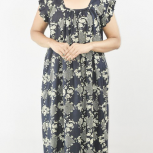 BDROX Navy blue Cotton Maxi Nighty Square Neck Short Sleeves with pleats