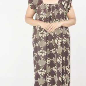 Black Cotton Maxi Nighty Square Neck Short Sleeves with pleats