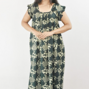 BDROX Green Cotton Maxi Nighty Square Neck Short Sleeves with pleats