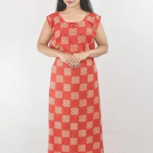Red Cotton Maxi Nighty Round Neck & Sleeveless