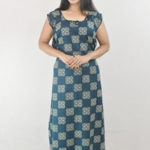 Blue Cotton Maxi Nighty Round Neck & Sleeveless
