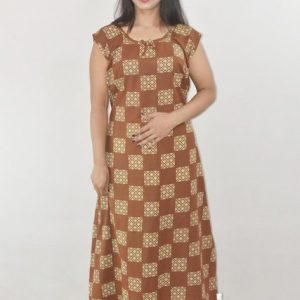 Brown Cotton Maxi Nighty Round Neck & Sleeveless