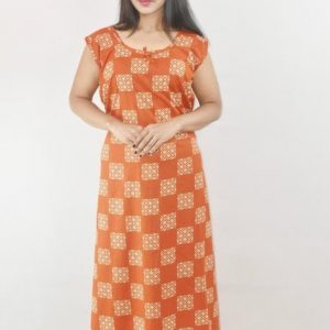 Orange Cotton Maxi Nighty Round Neck & Sleeveless