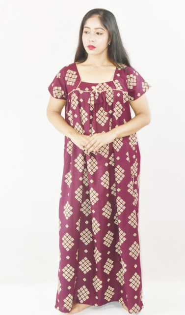 BDROX Purple Cotton Maxi Nighty Square Neck Short Sleeves with Pipien