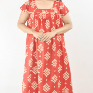 Red Cotton Maxi Nighty Square Neck Short Sleeves with Pipien