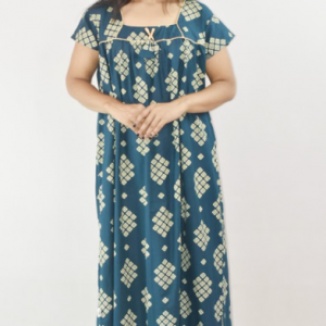Blue Cotton Maxi Nighty Square Neck Short Sleeves with Pipien