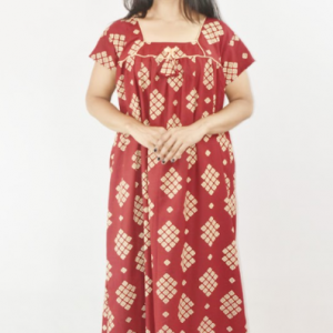 Maroon Cotton Maxi Nighty Square Neck Short Sleeves with Pipien