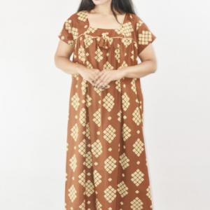 Brown Cotton Maxi Nighty Square Neck Short Sleeves with Pipien
