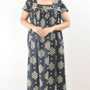 BDROX Navy Blue Cotton Maxi Nighty Square Neck Short Sleeves with Pipien