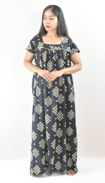 BDROX Navy Blue Cotton Maxi Nighty Square Neck Short Sleeves with Pipien