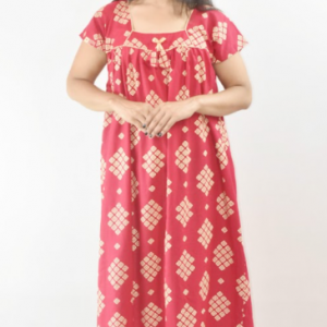 Pink Cotton Maxi Nighty Square Neck Short Sleeves with Pipien