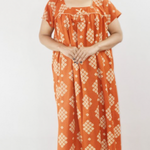 Orange Cotton Maxi Nighty Square Neck Short Sleeves with Pipien