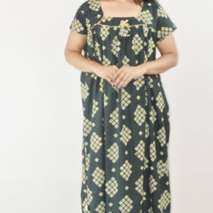 BDROX Green Cotton Maxi Nighty Square Neck Short Sleeves with Pipien