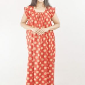 BDROX Red Cotton Maxi Nighty Square Neck Short Sleeves with pleats