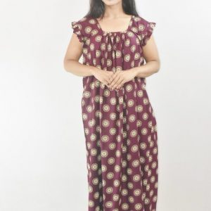 Purple Cotton Maxi Nighty Square Neck Short Sleeves with pleats