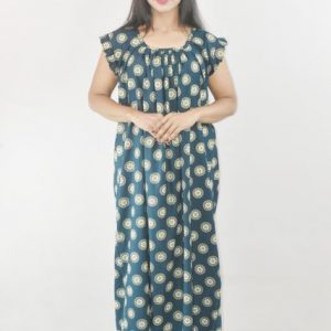 Blue Cotton Maxi Nighty Square Neck Short Sleeves with pleats