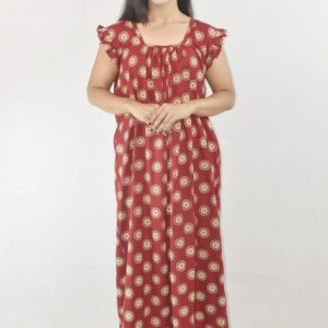 Maroon Cotton Maxi Nighty Square Neck Short Sleeves with pleats