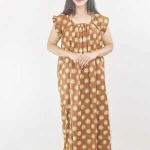 Brown Cotton Maxi Nighty Square Neck Short Sleeves with pleats