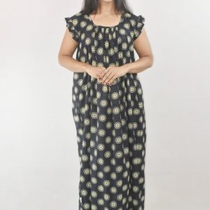 BDROX Navy Blue Cotton Maxi Nighty Square Neck Short Sleeves with pleats
