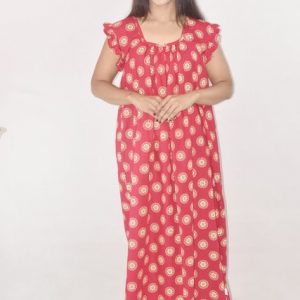 BDROX Pink Cotton Maxi Nighty Square Neck Short Sleeves with pleats