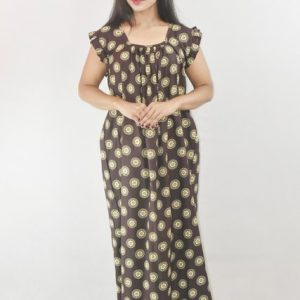 BlacK Cotton Maxi Nighty Square Neck Short Sleeves with pleats