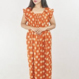 Orange Cotton Maxi Nighty Square Neck Short Sleeves with pleats