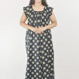 BDROX Green Cotton Maxi Nighty Square Neck Short Sleeves with pleats