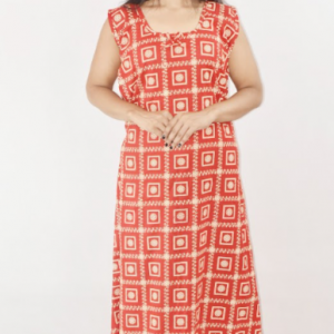 Red Cotton Maxi Nighty Round Neck & Sleeveless