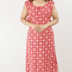 Pink Cotton Maxi Nighty Round Neck & Sleeveless