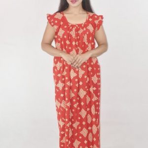 Red Cotton Maxi Nighty Square Neck Short Sleeves with pleats