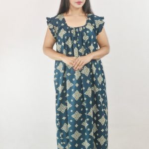 Blue Cotton Maxi Nighty Square Neck Short Sleeves with pleats