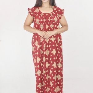 Maroon Cotton Maxi Nighty Square Neck Short Sleeves with pleats