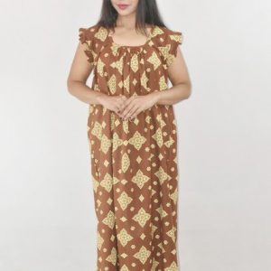 Brown Cotton Maxi Nighty Square Neck Short Sleeves with pleats
