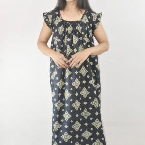 BDROX Navy Blue Cotton Maxi Nighty Square Neck Short Sleeves with pleats
