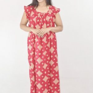 Pink Cotton Maxi Nighty Square Neck Short Sleeves with pleats