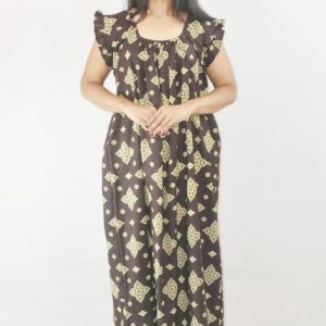 Black Cotton Maxi Nighty Square Neck Short Sleeves with pleats
