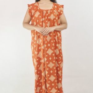 Orange Cotton Maxi Nighty Square Neck Short Sleeves with pleats