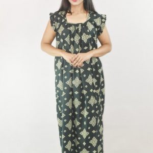 BDROX Green Cotton Maxi Nighty Square Neck Short Sleeves with pleats