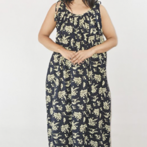 BDROX Pure Cotton Ribbon on shoulder Navy Blue Maxi Nighty