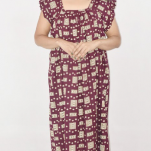 BDROX PurpleCotton Maxi Nighty Square Neck Short Sleeves with pleats
