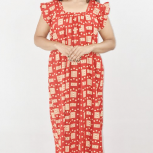 Red Cotton Maxi Nighty Square Neck Short Sleeves with pleats
