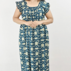 Blue Cotton Maxi Nighty Square Neck Short Sleeves with pleats