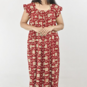 Maroon Cotton Maxi Nighty Square Neck Short Sleeves with pleats