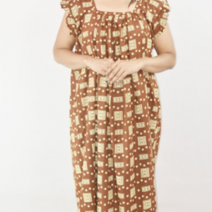 Brown Cotton Maxi Nighty Square Neck Short Sleeves with pleats