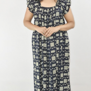 BDROX Navy Blue Cotton Maxi Nighty Square Neck Short Sleeves with pleats