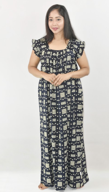 BDROX Navy Blue Cotton Maxi Nighty Square Neck Short Sleeves with pleats