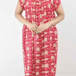 Pink Cotton Maxi Nighty Square Neck Short Sleeves with pleats
