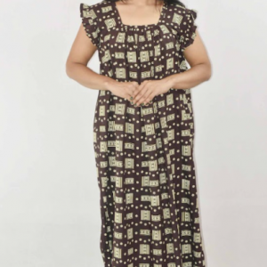 Black Cotton Maxi Nighty Square Neck Short Sleeves with pleats