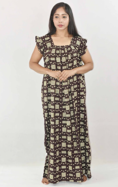 Black Cotton Maxi Nighty Square Neck Short Sleeves with pleats